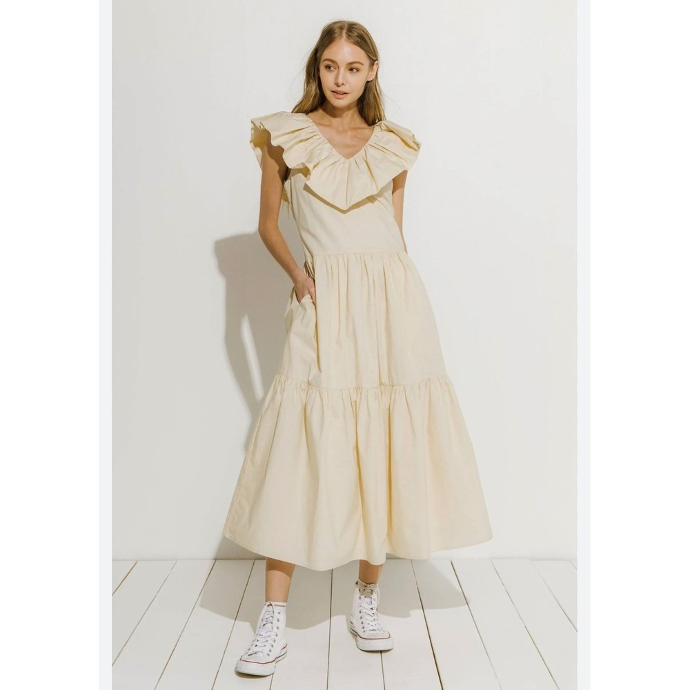 NEW English Factory Ruffled Neck Sleeveless Midi Dress Beige‎ XS NWT Cottagecore